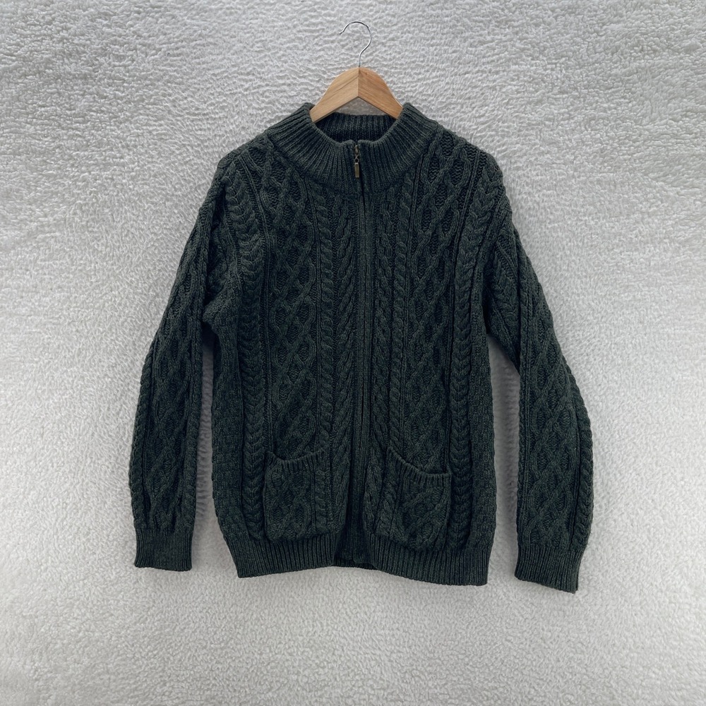 Aran Crafts Sweater Mens Medium Green Cable Knit Full Zip Wool Made in Ireland